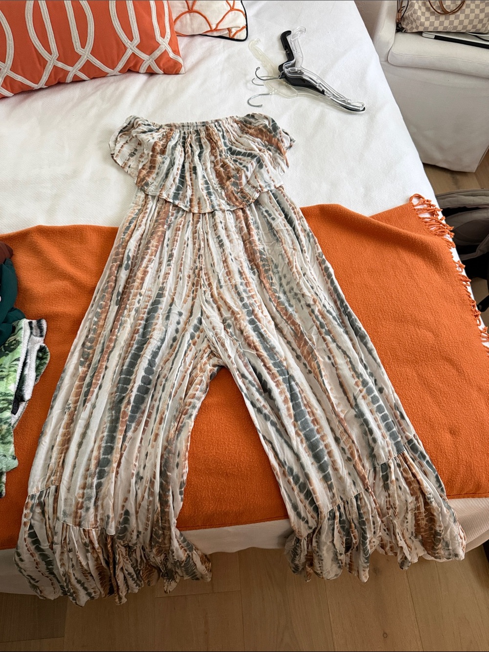 Free People Striped Off-Shoulder Wide-Leg Jumpsuit in Rust, Olive & Cream